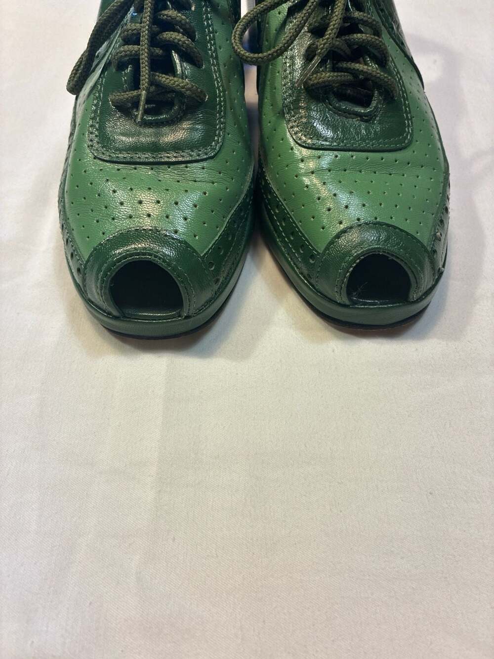 Re-Mix Vintage Shoes Spectator Green Leather Peep Toe Wedge Oxfords - Picture 6 of 11